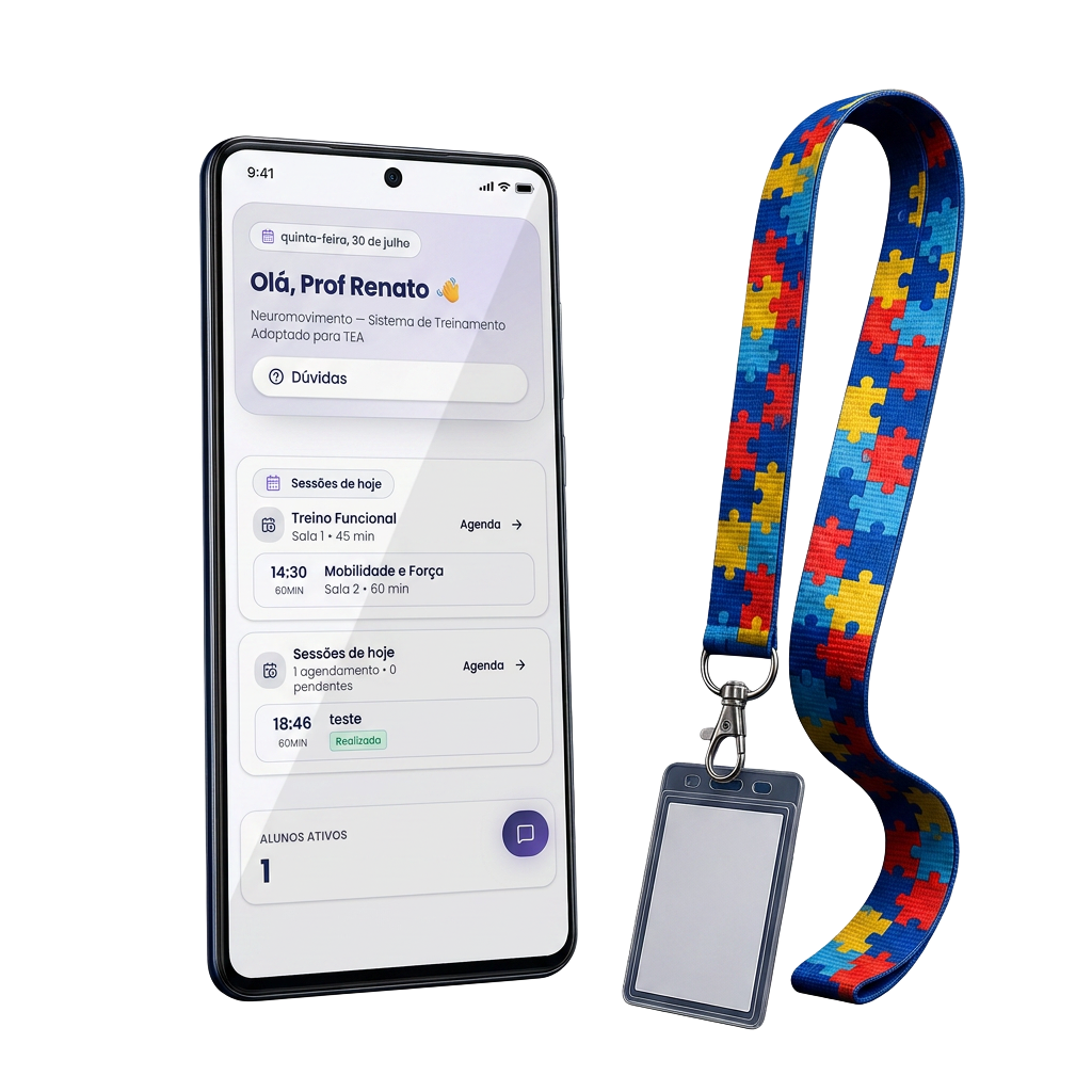 Celular moderno exibindo o painel do Neuromovimento ao lado de um cordão de identificação do autismo
