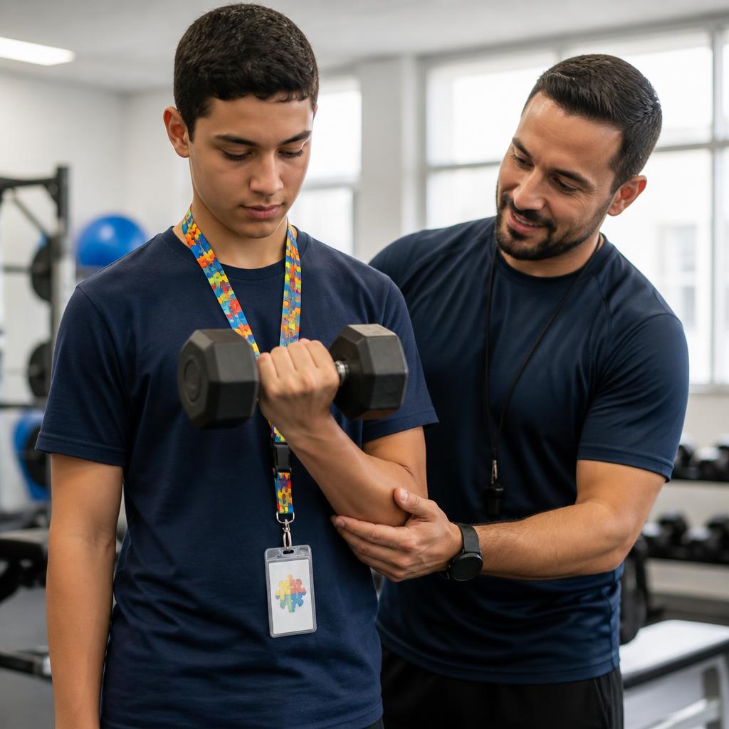Professor auxiliando jovem com cordão de autismo